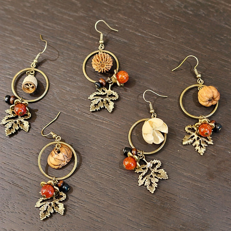 Palace Niche Exotic Plant Dried Fruit Maple Leaf Dangling Earrings