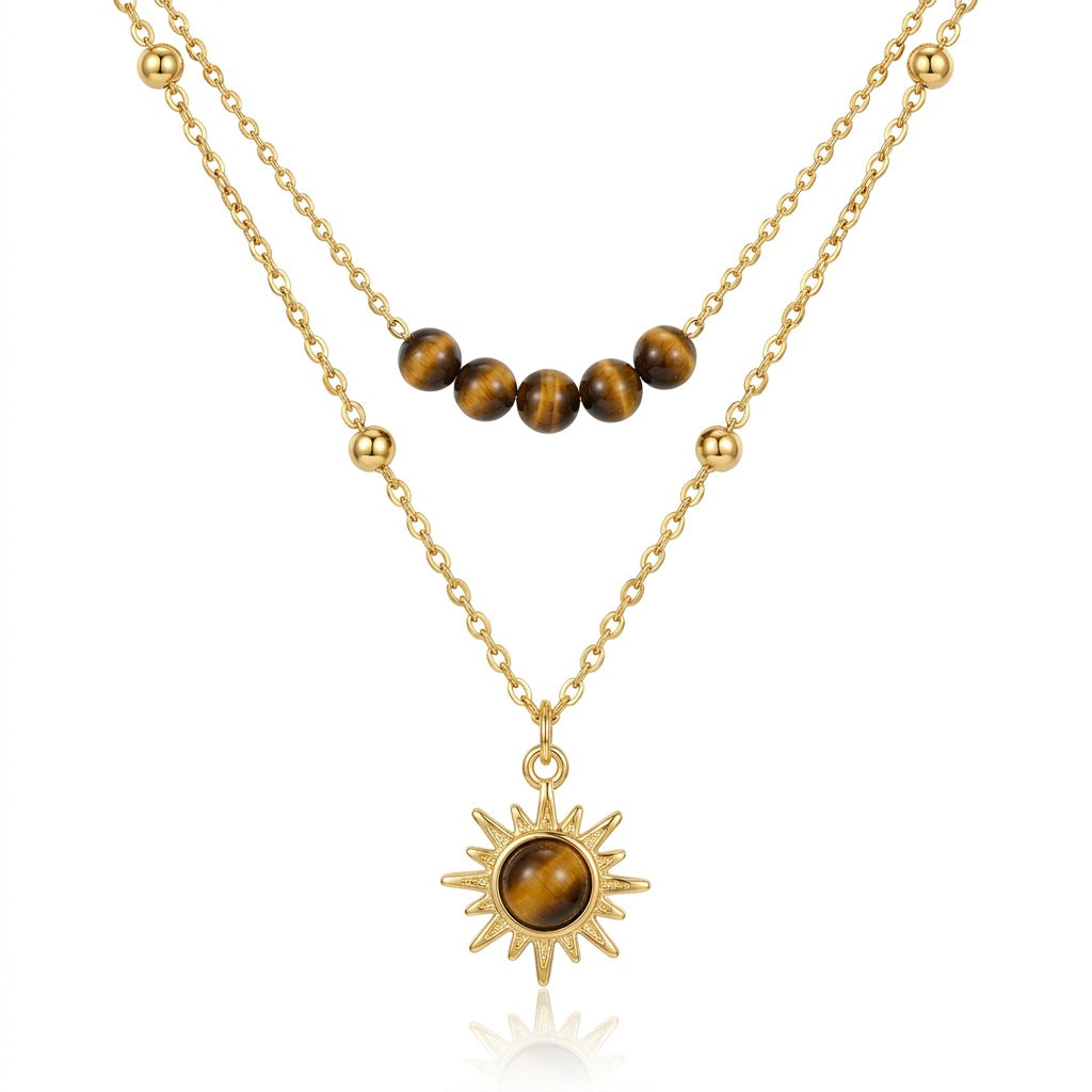 Women's Vintage Gold Sunflower Tiger Eye Niche Design Necklaces
