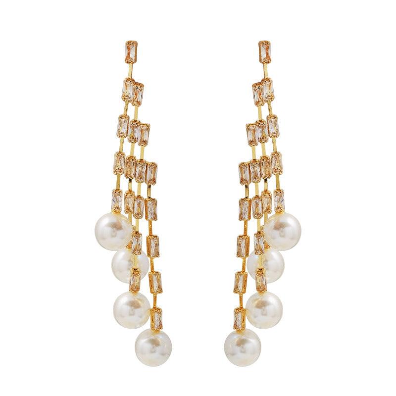 Women's Design Oblique Tassel Shining Zircon Beads Earrings