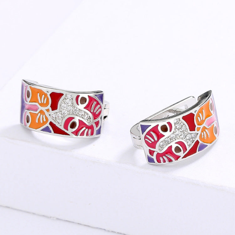 Women's Colorful Cartoon Cat Face Unique Handmade Doodle Stud Earrings