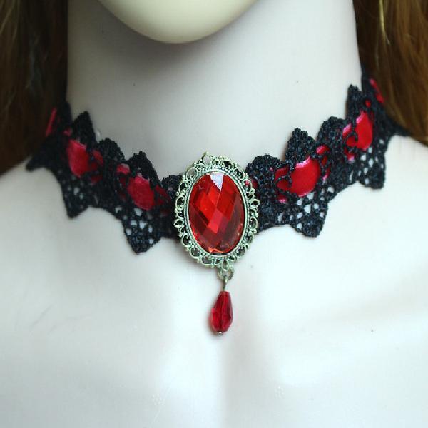 Lace Gothic Choker Rhinestone Black Halloween Necklace