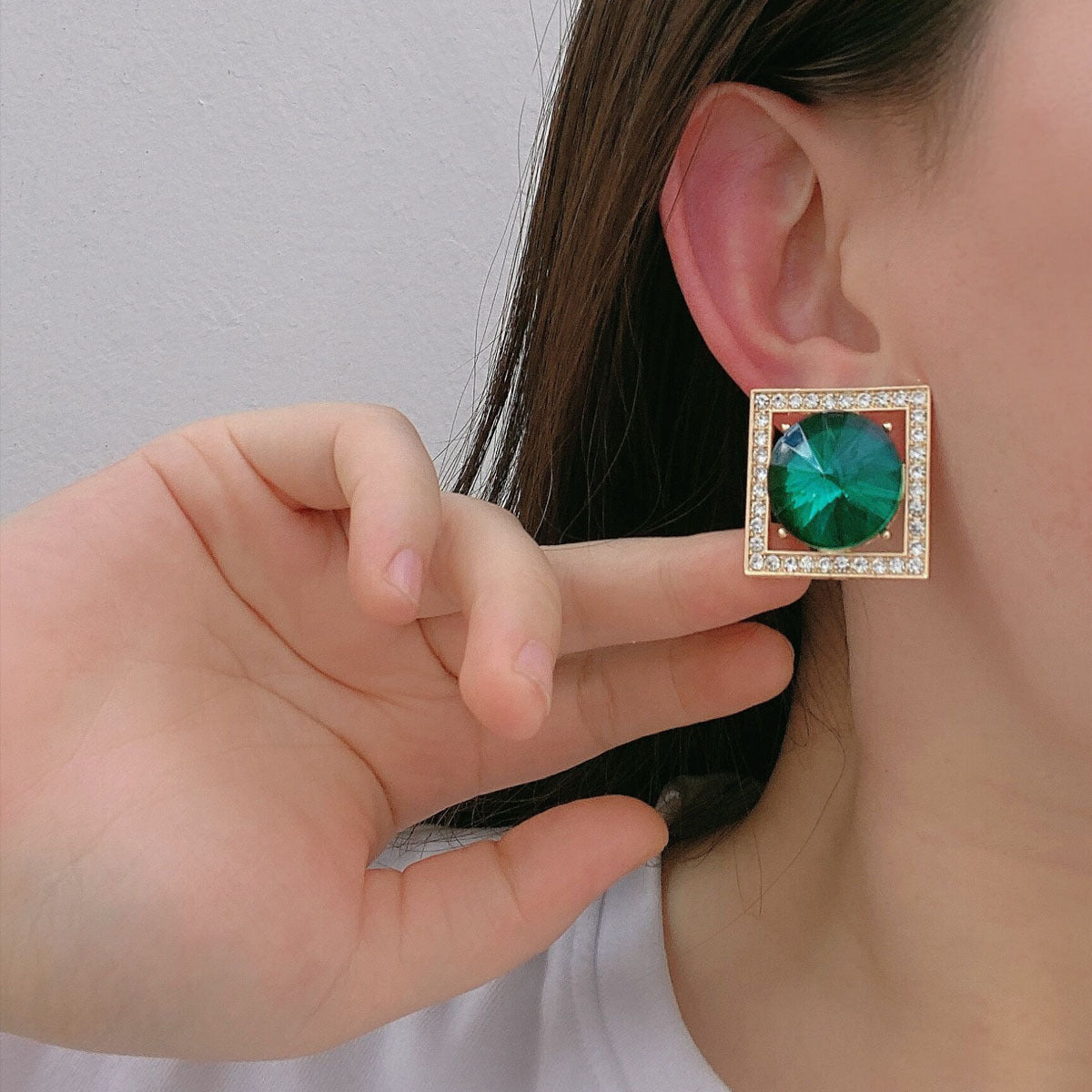 Sier Needle Geometric Square Rhinestone Fashion Eye-catching Large Niche Earrings