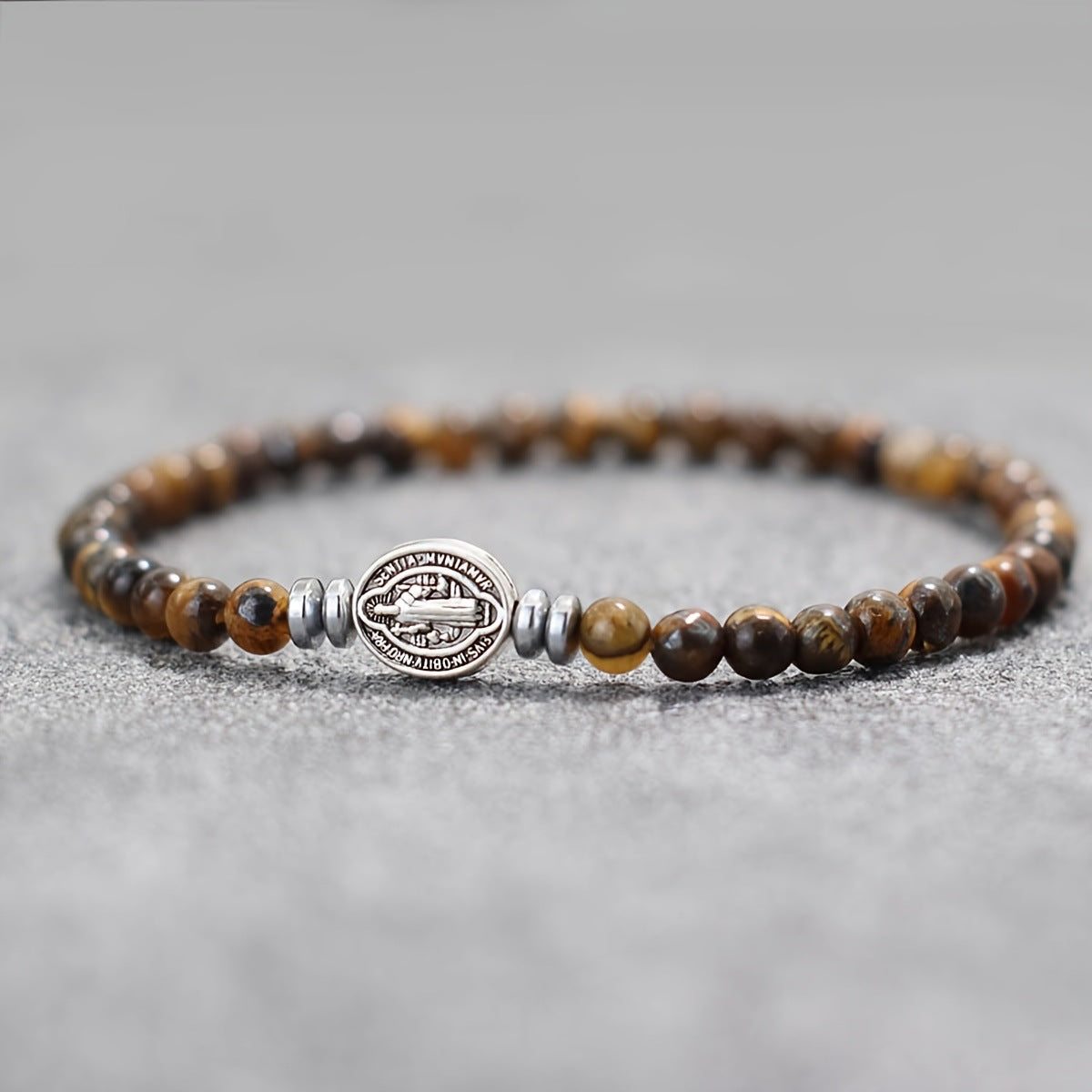 Benedict Cross Virgin Mary Tiger Eye Bracelet
