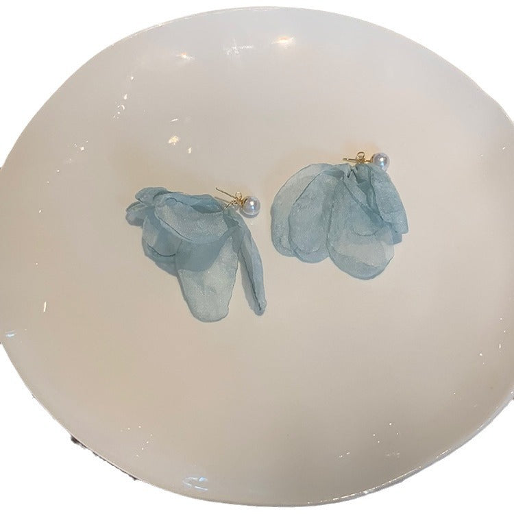 Summer Seaside Flower Chiffon Pearl High-grade Vacation Style Sier Earrings