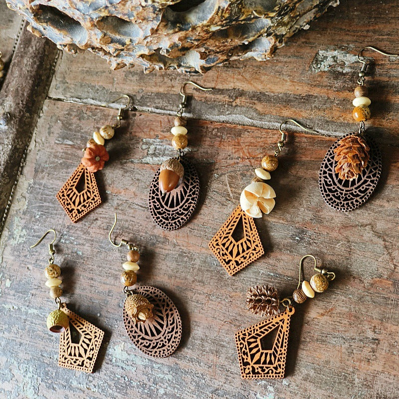 Style Retro Minority Mori Bohemian Indian Wandering Hollow Wood Grain Earrings