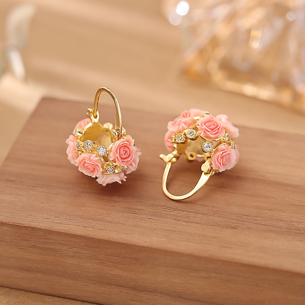 Gentle Pink Rose Flower Basket Ear Clip Design Earrings