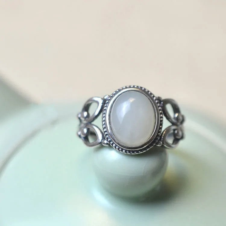 Thai Sier Distressed Sterling Jade Egg Noodle Exquisite Ring