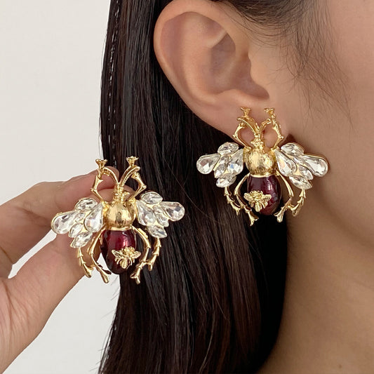 Sier Needle Metal Rhinestone Little Bee High Sense Niche Retro Rings