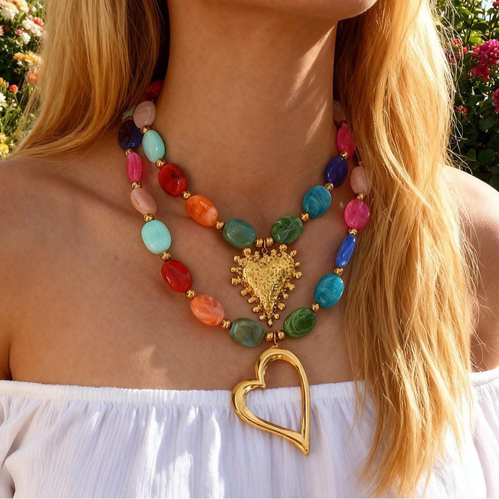 Women's Colorful Crystal String Beads Love Contrast Color Necklace