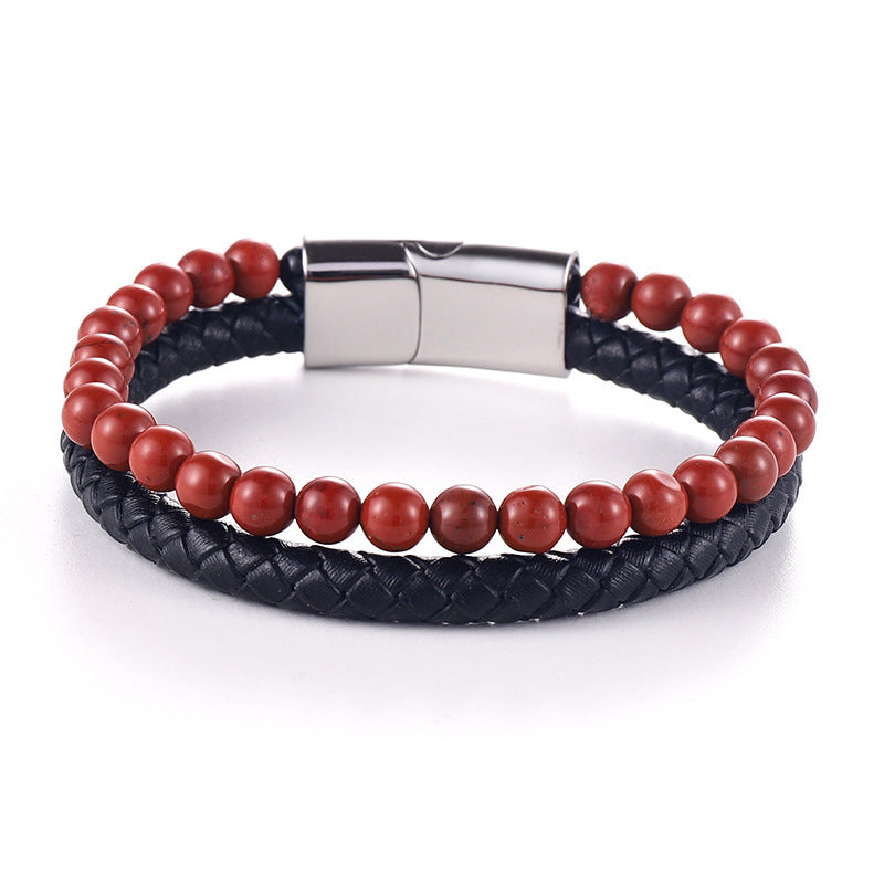 Men's Tiger Eye Beaded Genuine Leather Alloy Cowhide Bracelet
