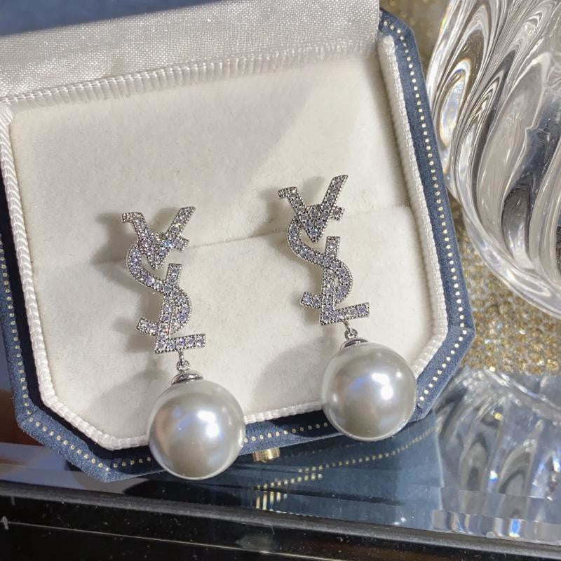 Sier Light Luxury Full Diamond Pearl Earrings