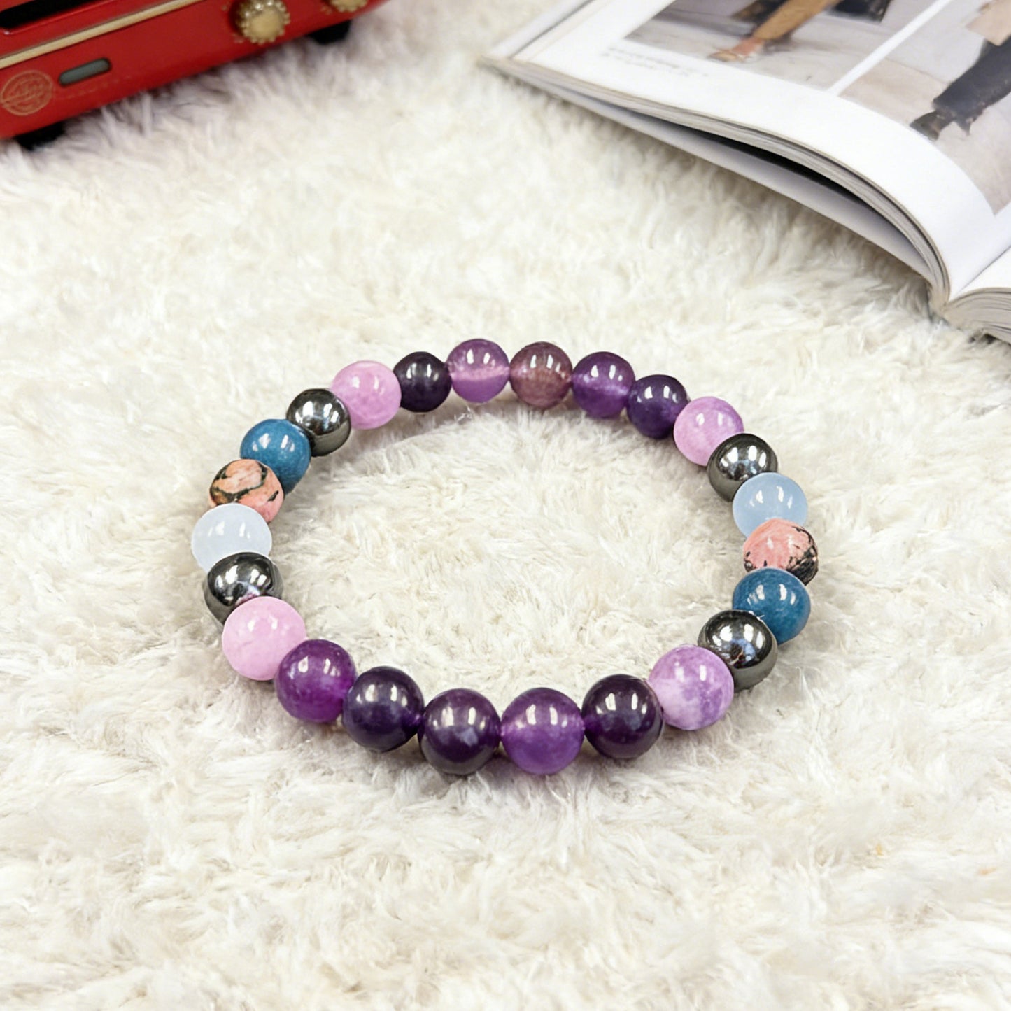 Amethyst Apatite Red Rose Handmade Beaded Bracelet