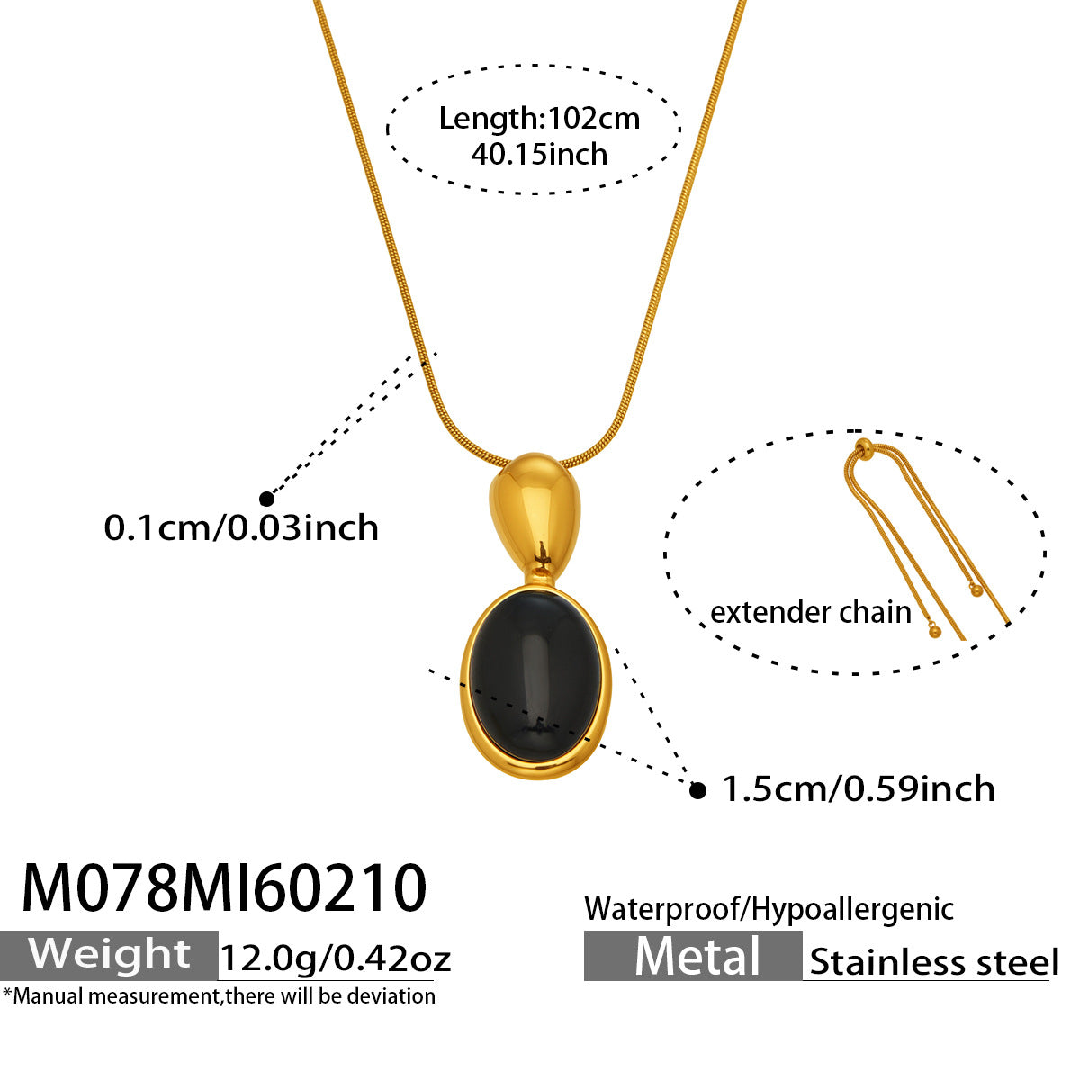 French Retro Oval Tigereye Black Agate Stone Stainless Steel Necklace