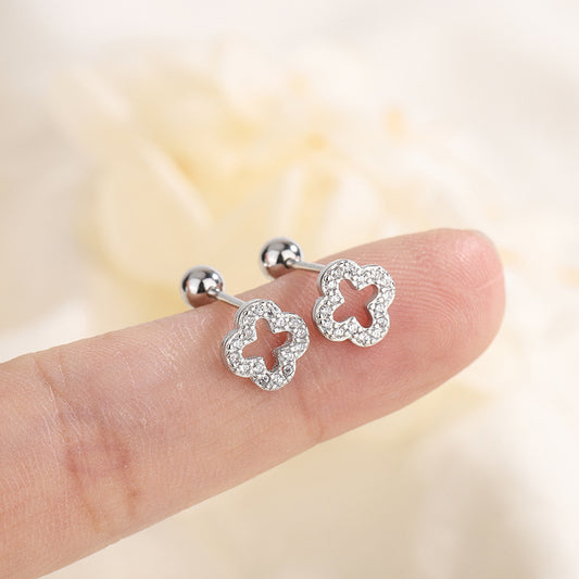 Hollow Four-leaf Clover Screw Tightening Buckle Earrings