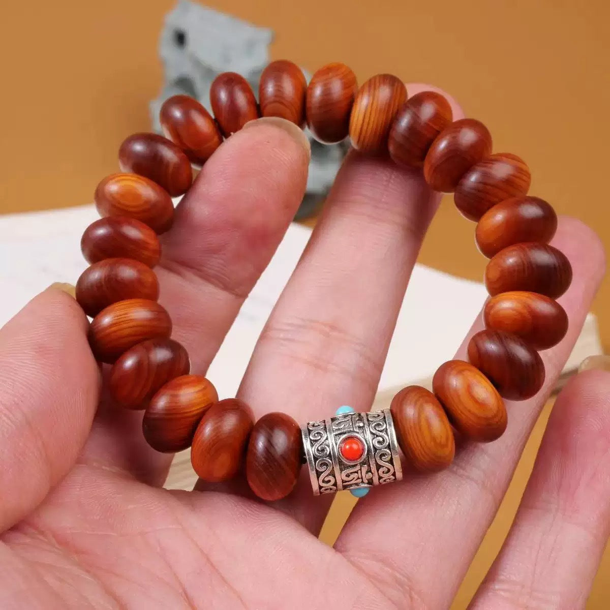 Black Oil High Density Wooden Prayer Beads Gentiana Pattern Bracelet