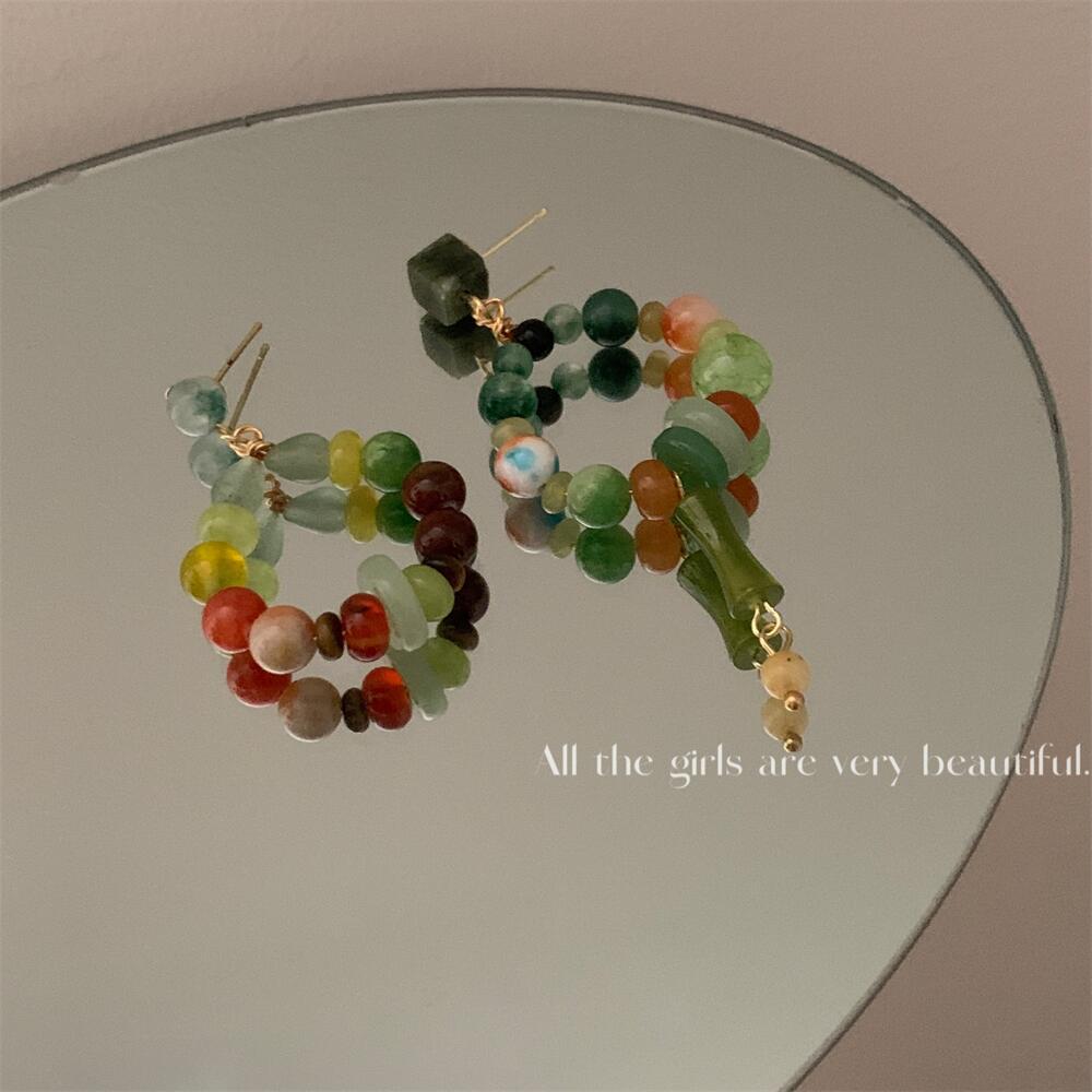 Chinese Style Natural Stone Beaded Asymmetric Mori Artistic Retro Earrings