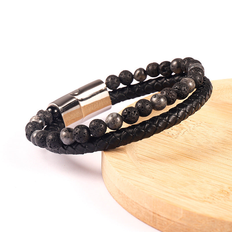 Men's Tiger Eye Beaded Genuine Leather Alloy Cowhide Bracelet