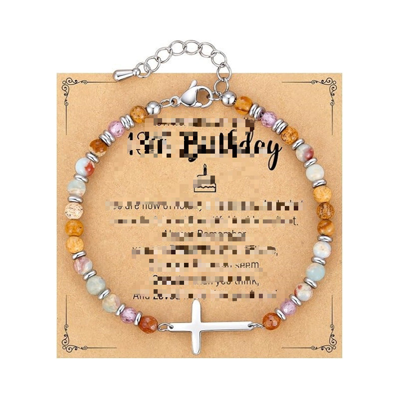 Women's Beaded Stainless Steel Cross Shelf Lobster Bracelet