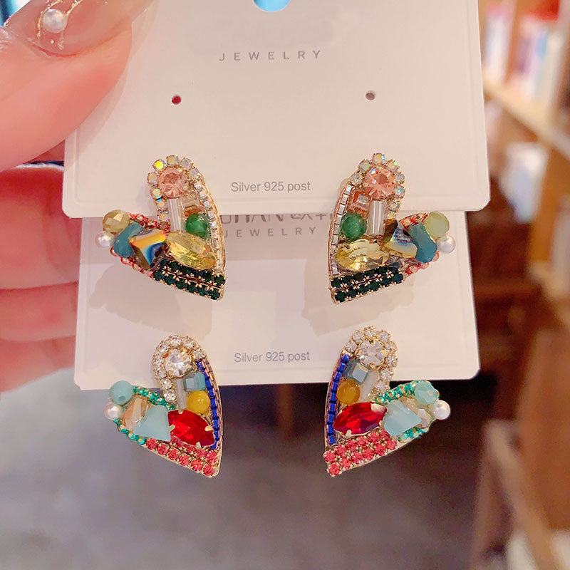 Fashion Handmade Crystal Love Heart Unique Design Sier Stud Earrings