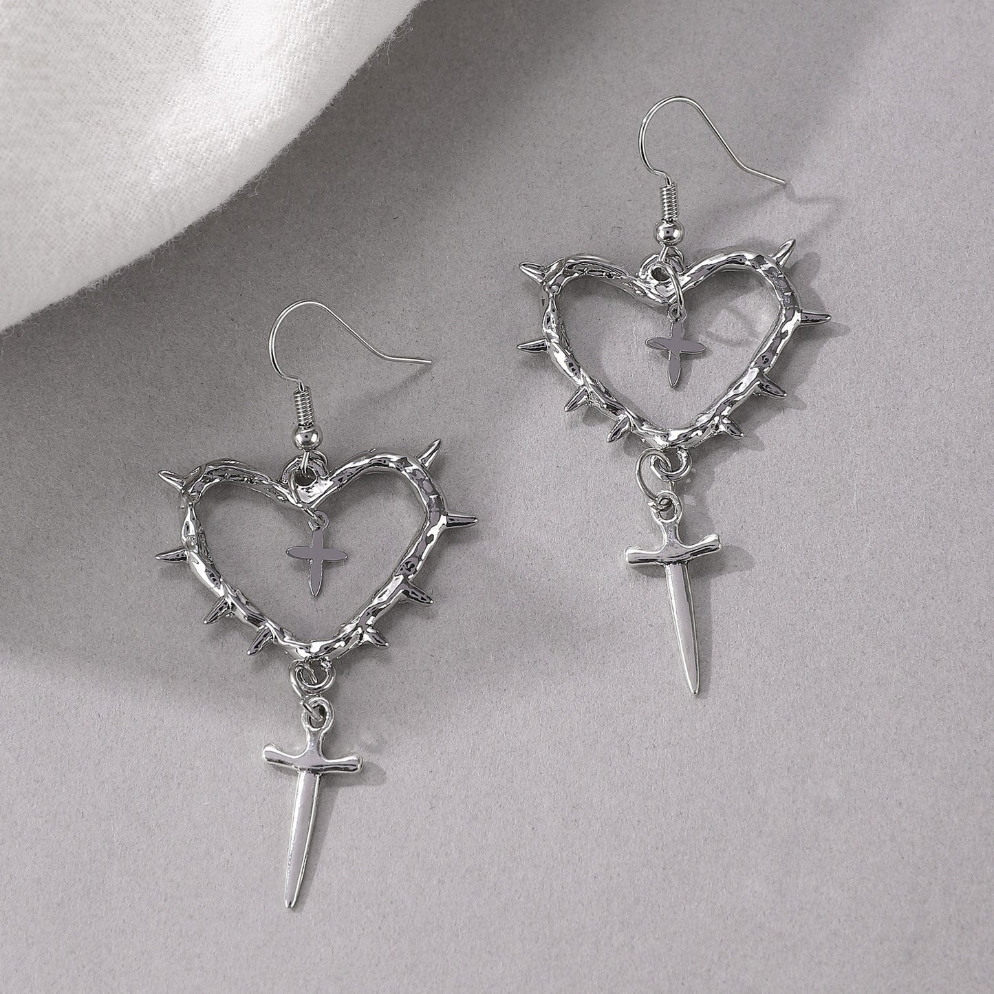 Women's Gothic Handmade Thorn Heart-shaped Cross Water Earrings