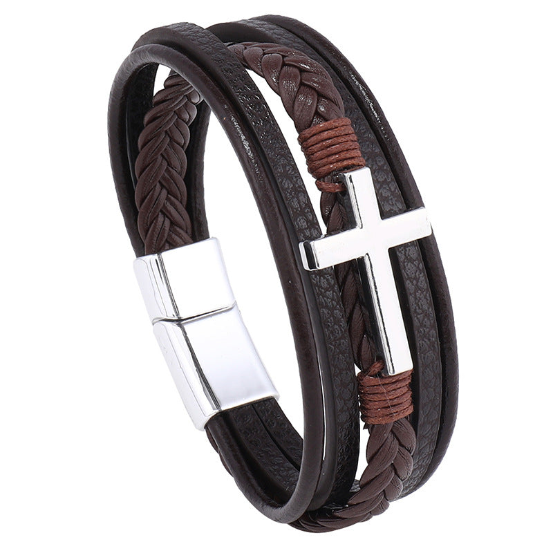 Men's Cross Leather Handmade Braided Rope Magnetic Bracelets