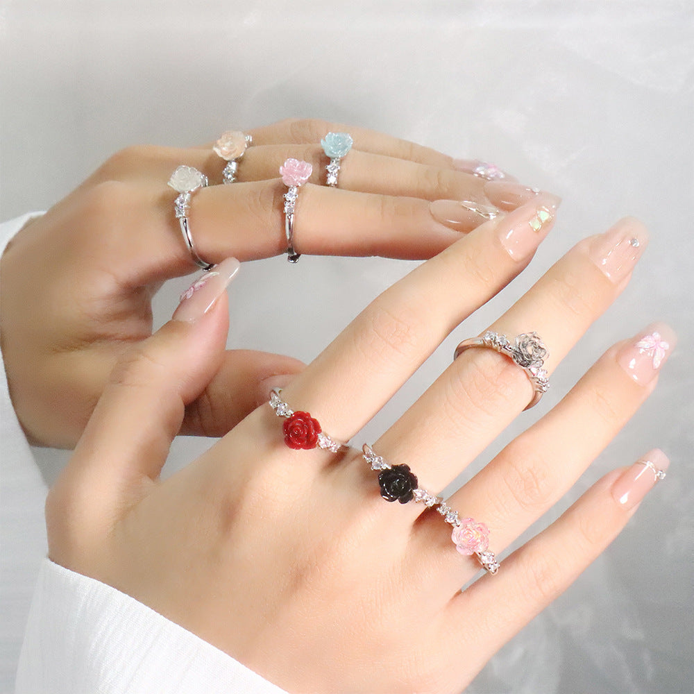 Selection Camellia Light Luxury High Sense Refined Rhinestone Colorful Rose Ring