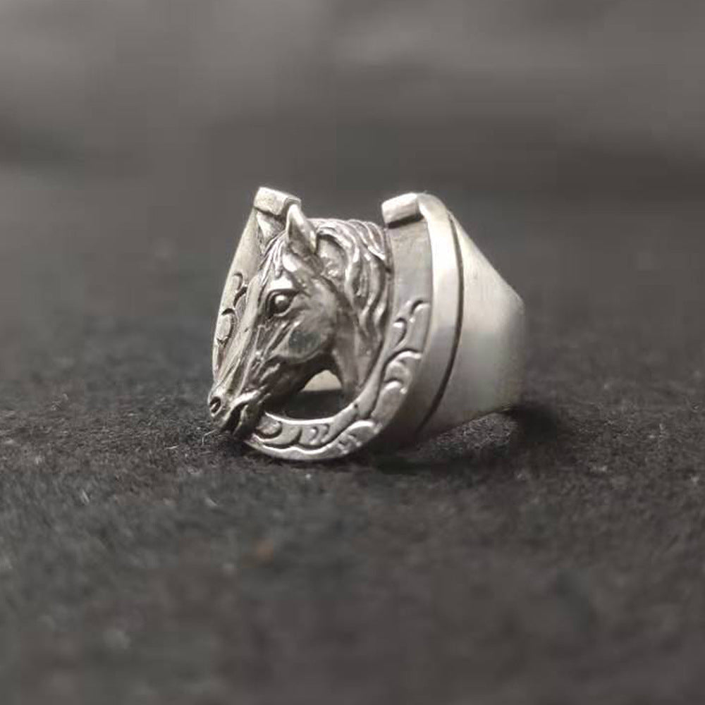 Women's & Men's Sier Horseshoe Horse Head Zodiac Personality Retro Ring