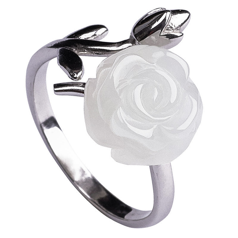 Inlaid White Jade Rose Carved Flower Open Index Finger Female Rings