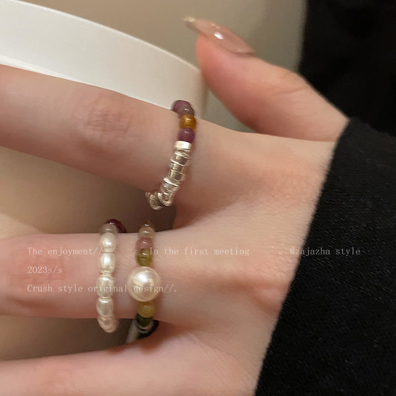 Colorful Tourmaline Pearl Female Summer Retro Minority Design Rings