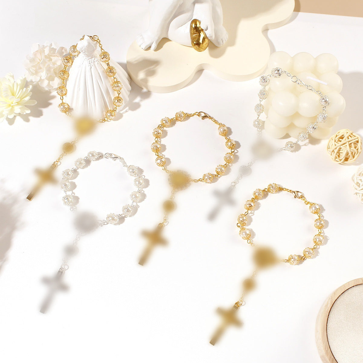 Gold Sier Color Lace Artificial Glass Pearl Baptism Cross Beaded Bracelets