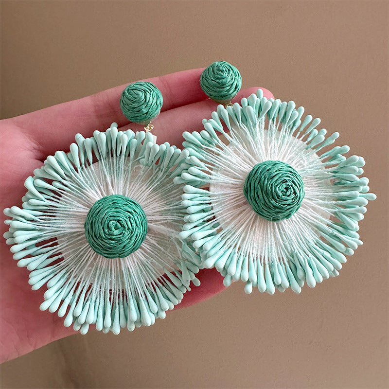 Exaggerated Handmade Raffia Sunflower Unique Travel Earrings
