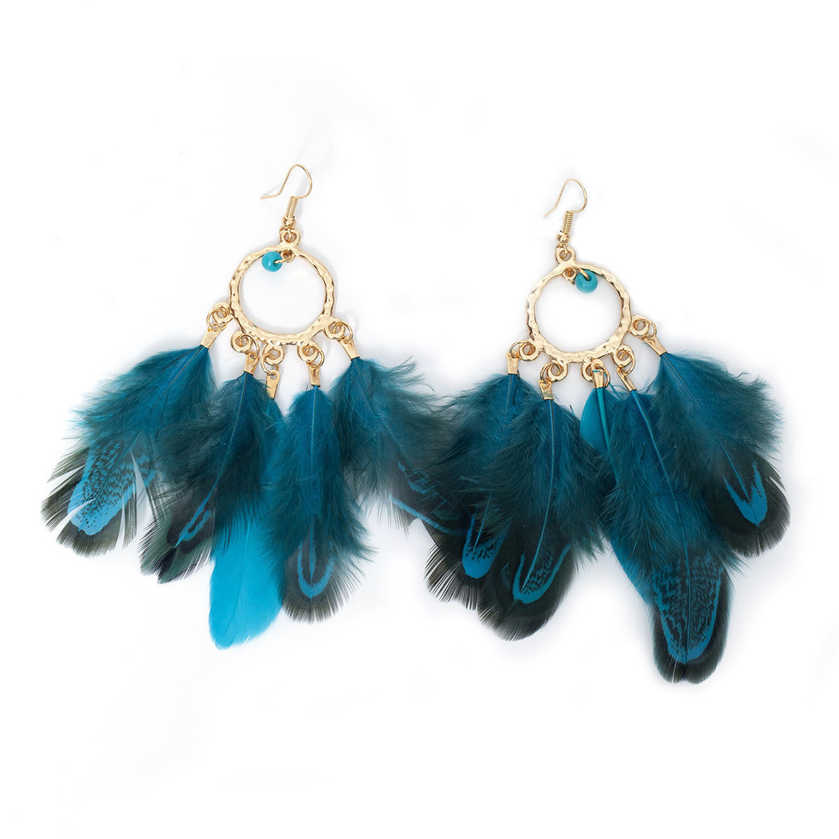 Personality Round Bead Feather Tassel Long Bohemian Earrings