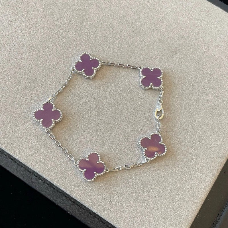 Women's Four-leaf Clover Rose Gold Red Agate Black White Shell Flower Bracelet