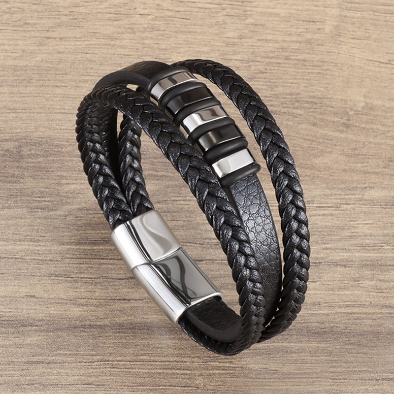 Stylish Men's Hand-woven Magnetic Snap Leather Bracelet
