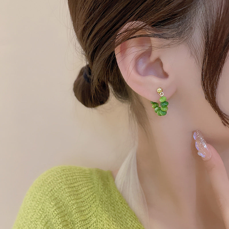 Women's Green Opal Design Sense Niche Ear Clip Earrings