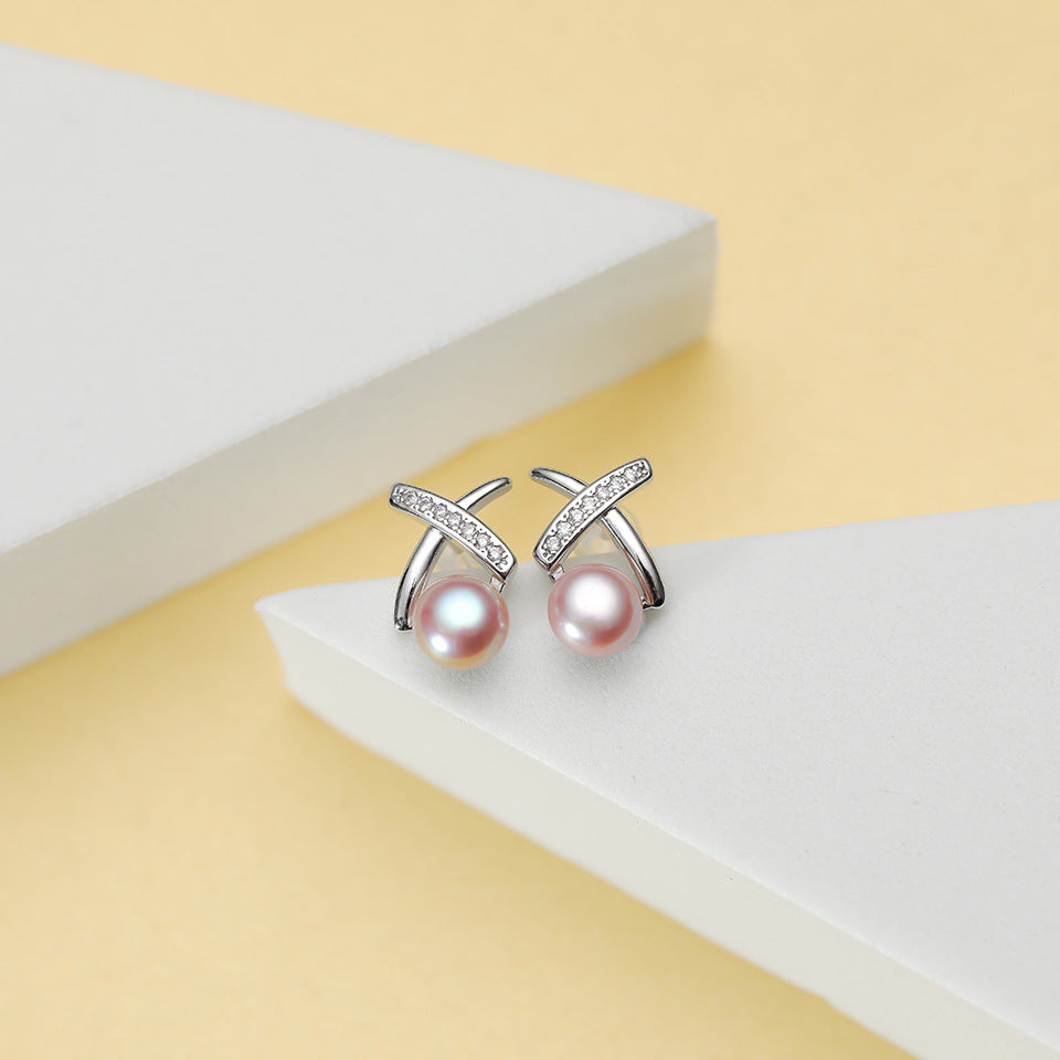 Natural Freshwater Pearl Ear X-shaped Cross Line Stud Earrings