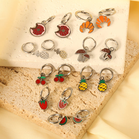 Cute Bread Strawberry Cherry Fruit Stainless Earrings