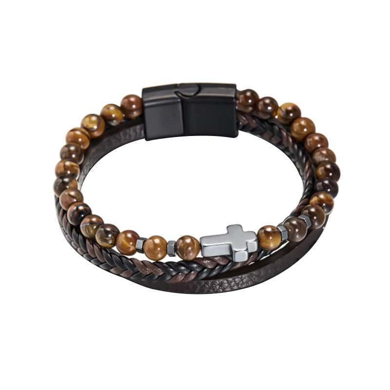Cross Hematite Personalized Fashion Woven Leather Tigereye Frosted Bracelets