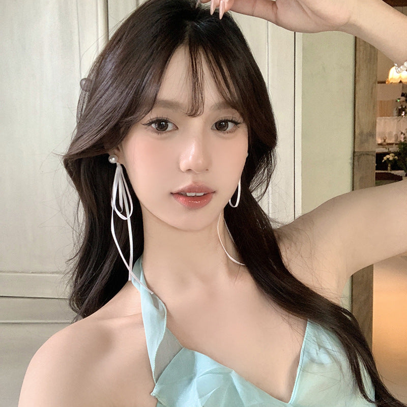 Women's Summer Ballet Style Long Fairy Bow Ribbon Pearl Unique Stud Earrings