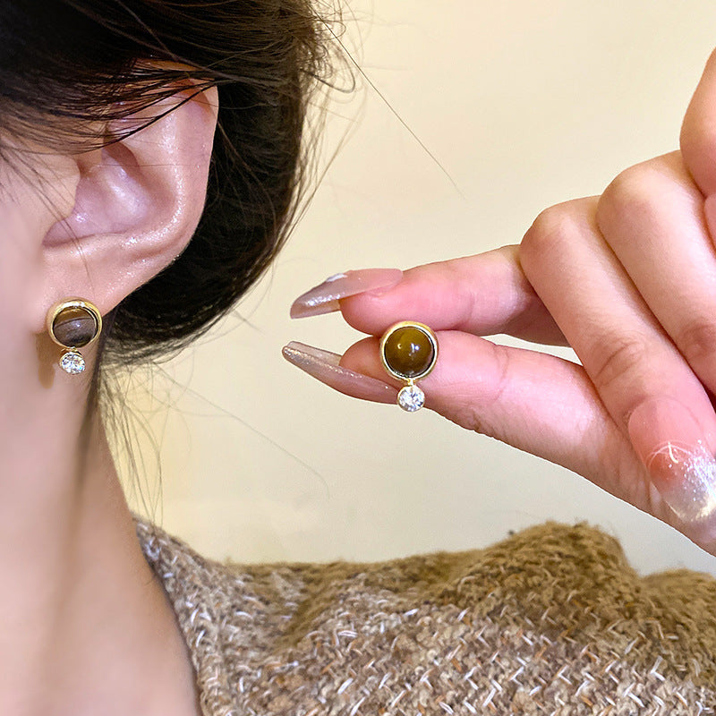 Sier Needle Tigereye Female Advanced Design Sense Stud Earrings