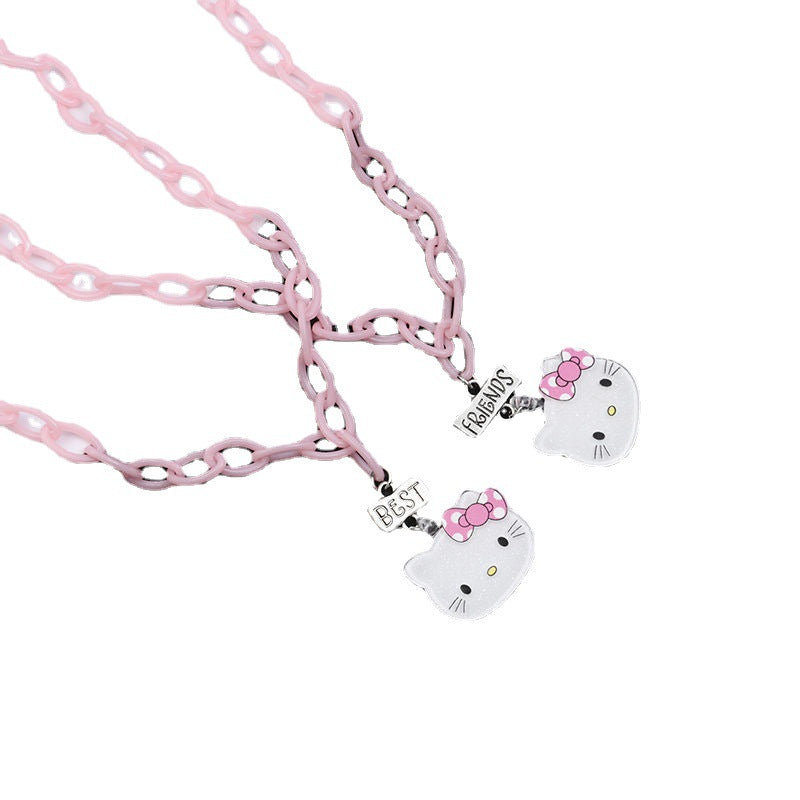 Round Beads Cute Cat Pink Lock Gift Necklace