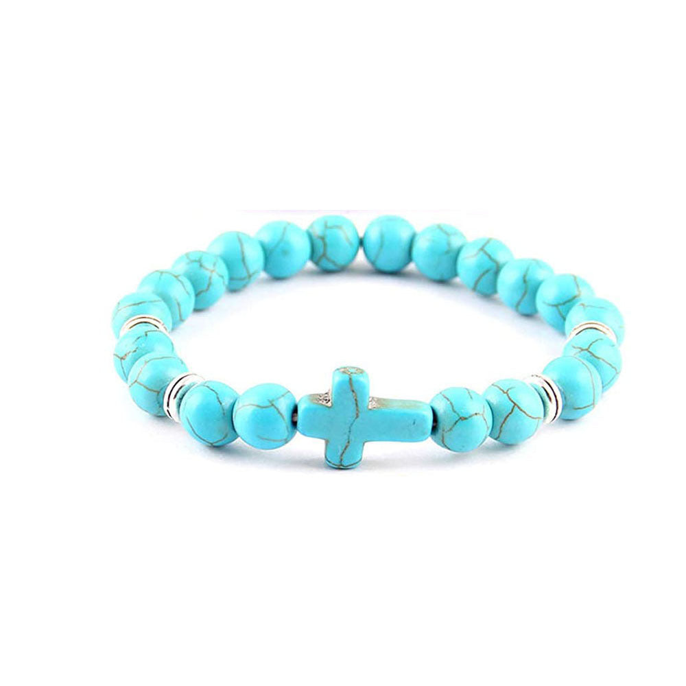 Energy Natural Stone White-barked Pine Blue Crystal Metal Cross Bracelets