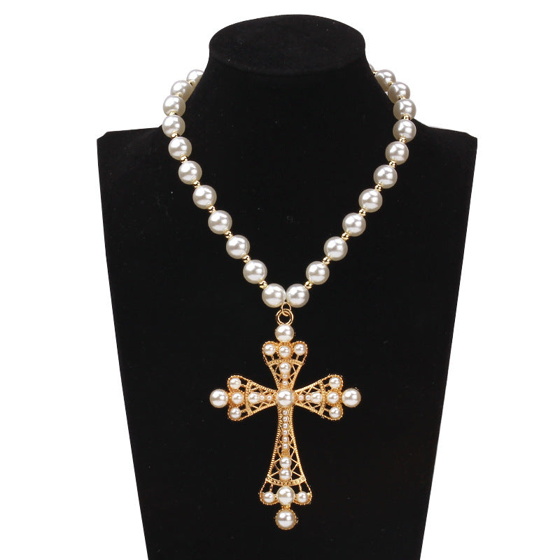 Hip Hop Cross Stitching Imitation Pearl Clavicle Necklaces