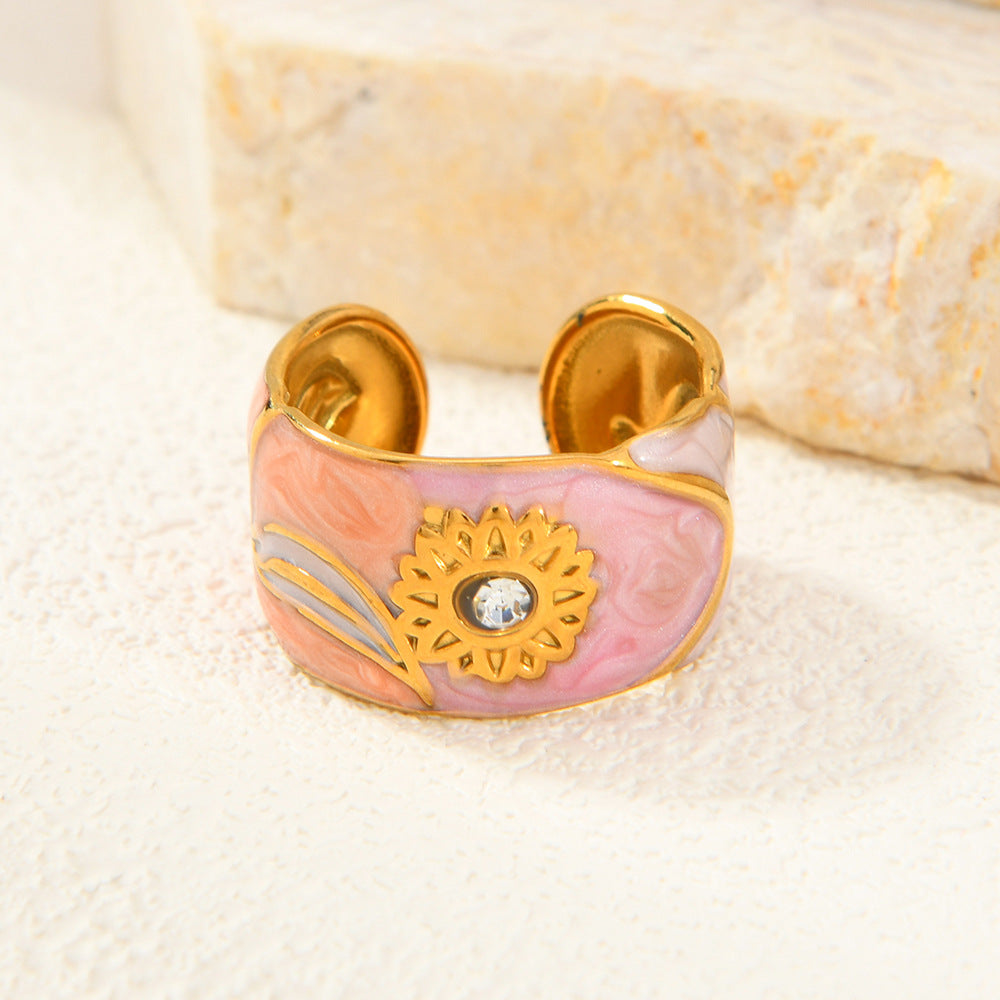 Oil Dripping Diamond Sunflower Open Personality Rings
