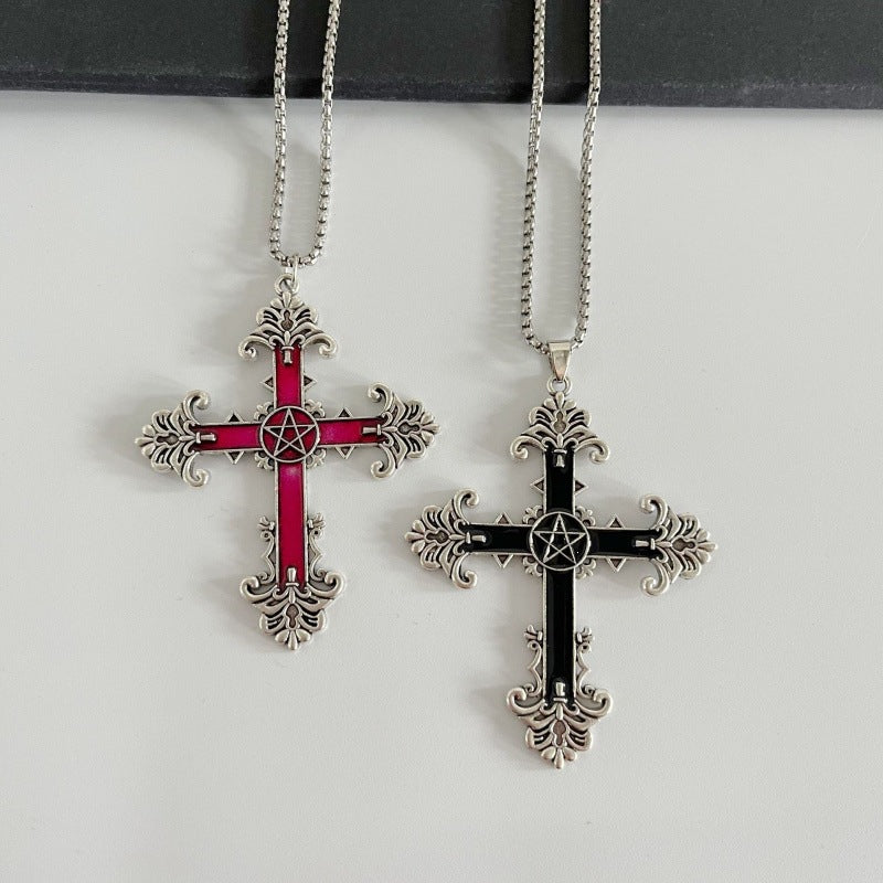 Grid Retro Dark Gothic Black Red Cross Necklace