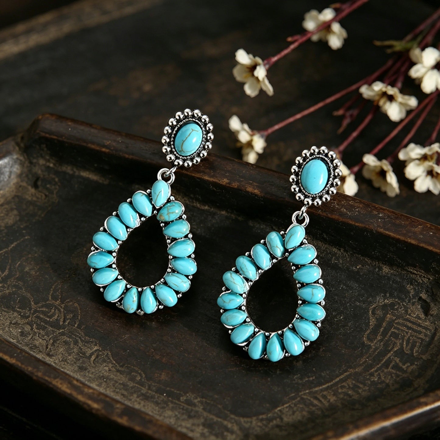 Vintage Water Drop Hollow Turquoise Personalized Earrings