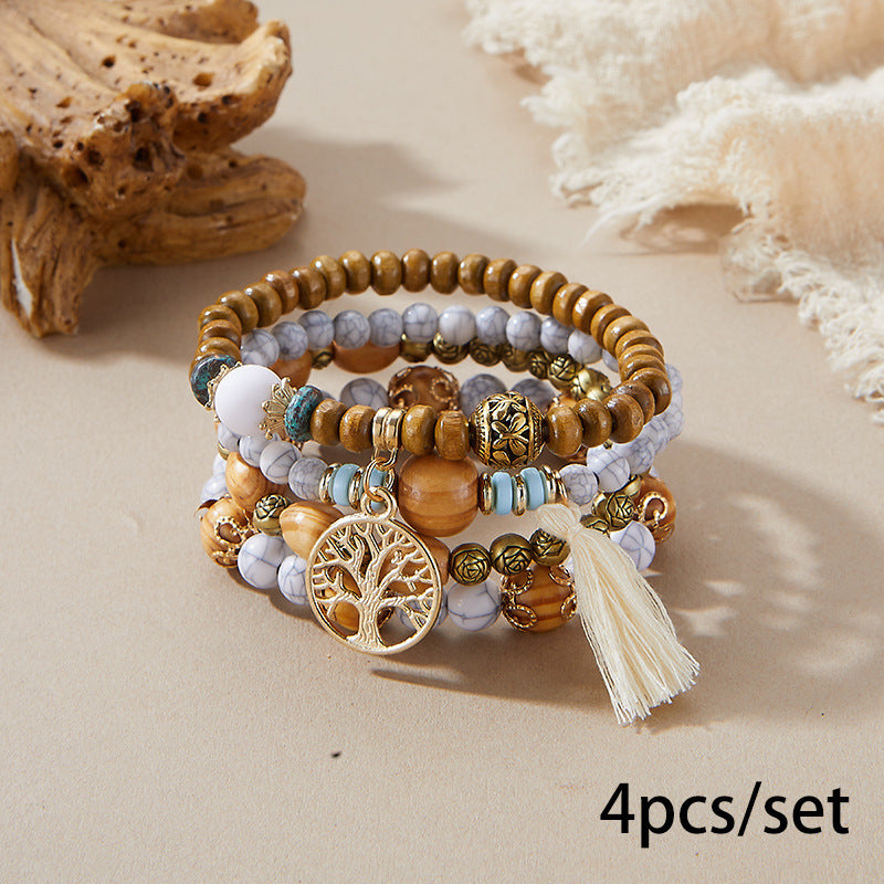 Bohemian Style Wooden Bead Beaded Elastic Bracelet