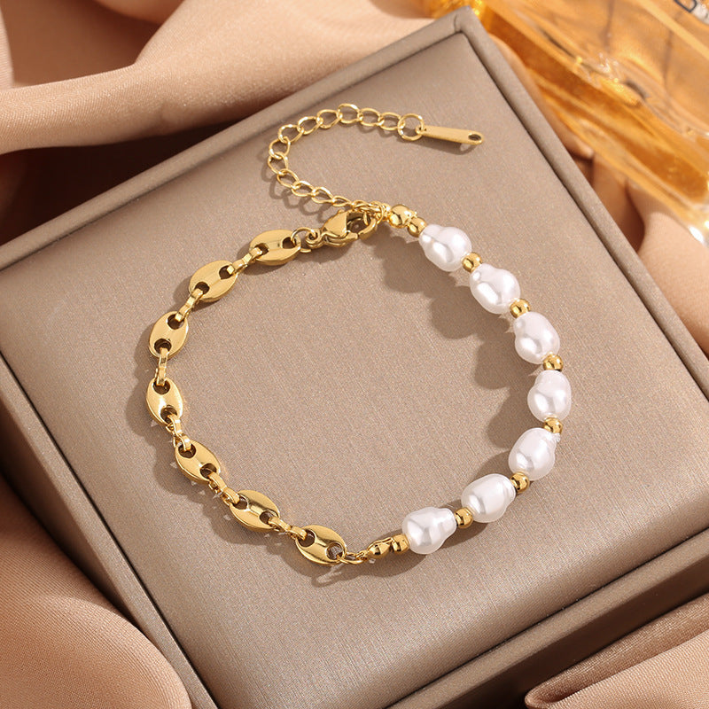 Women's Super Flash Pig Nose Pearl Titanium Steel Bracelet