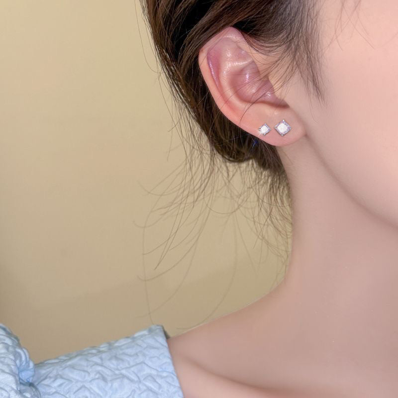 Sier Square Chinese Simple Fashion Zircon Stud Earrings