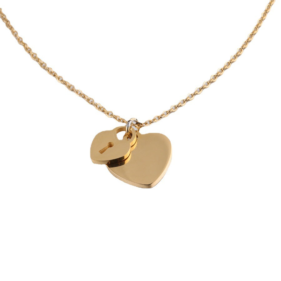 Mirror Stainless Steel Heart Love Lock Key Necklace